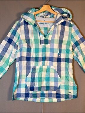 Tommy Bahama Womens SzM Blue & Teal Plaid Linen Hooded Shirt Beach 3/4 Sleeves